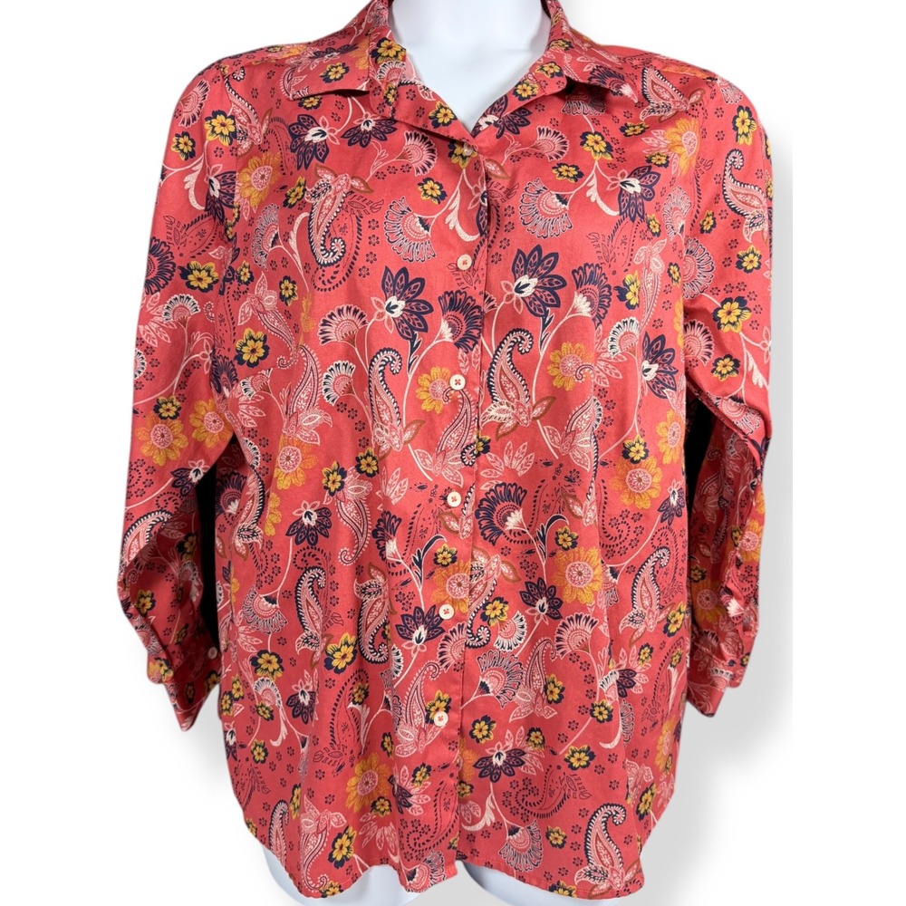 Foxcroft for Appleseeds Red Paisley‎ Floral Wrinkle Free Shirt Womens 18W Shaped
